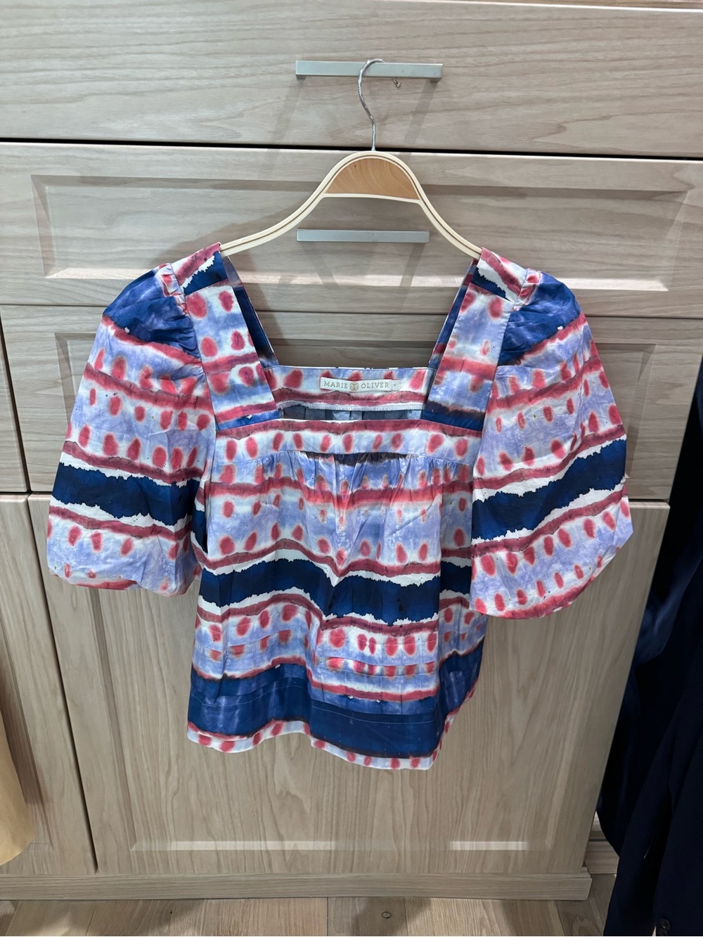 Marie Oliver Navy and Red Striped Puff-Sleeve Blouse